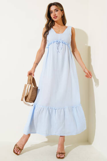V Yaka Bel Lastikli Müslin Elbise Mavi - Kadın Giyim Modelleri