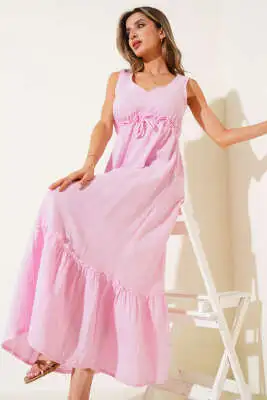 V Yaka Bel Lastikli Müslin Elbise Pembe 