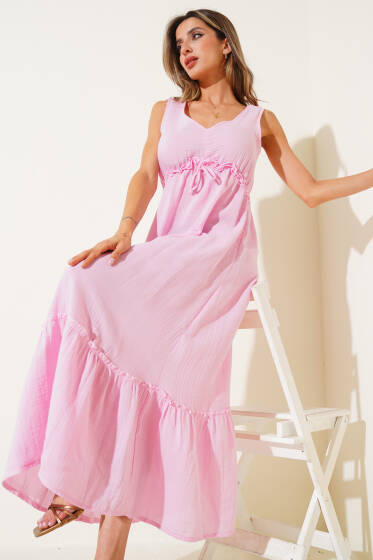 V Yaka Bel Lastikli Müslin Elbise Pembe - Kadın Giyim Modelleri