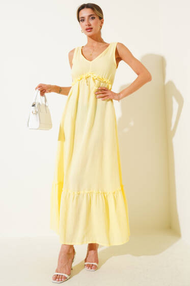 V Yaka Bel Lastikli Müslin Elbise Sarı - Kadın Giyim Modelleri