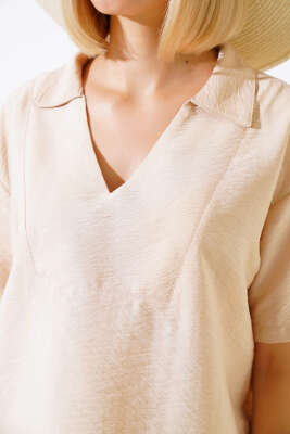 V Yaka Bluz İkili Takım Bej - Kadın Giyim Modelleri