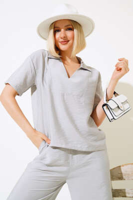 V Yaka Bluz İkili Takım Gri - Kadın Giyim Modelleri