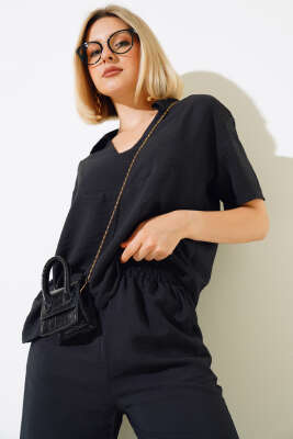 V Yaka Bluz İkili Takım Siyah - Kadın Giyim Modelleri