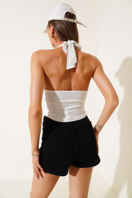 V Yaka Boyundan Bağlamalı Bluz Beyaz - Yılın Fırsatı