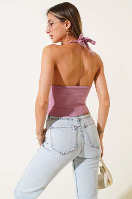 V Yaka Boyundan Bağlamalı Bluz Pudra - Yılın Fırsatı