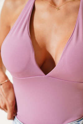 V Yaka Boyundan Bağlamalı Bluz Pudra - Yılın Fırsatı