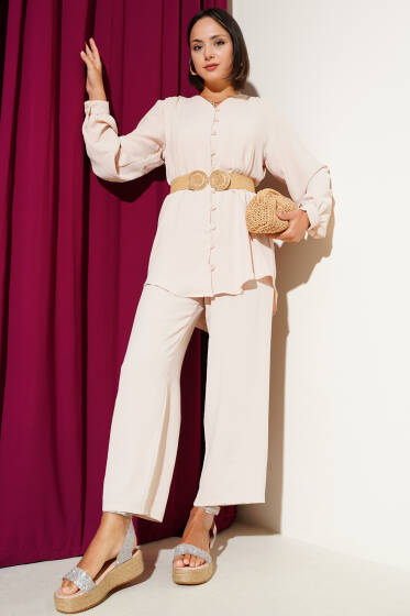 V Yaka Brit Düğmeli Ayrobin İkili Takım Bej - İkili Takım