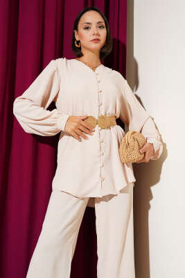 V Yaka Brit Düğmeli Ayrobin İkili Takım Bej - Triko İkili Takım