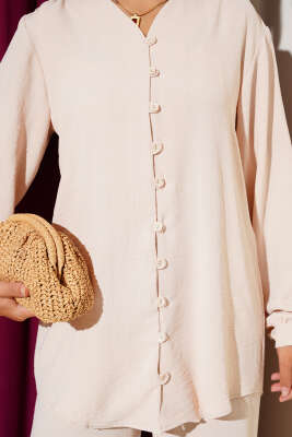 V Yaka Brit Düğmeli Ayrobin İkili Takım Bej - Triko İkili Takım