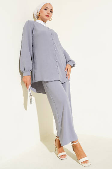 V Yaka Brit Düğmeli Ayrobin İkili Takım Gri - İkili Takım