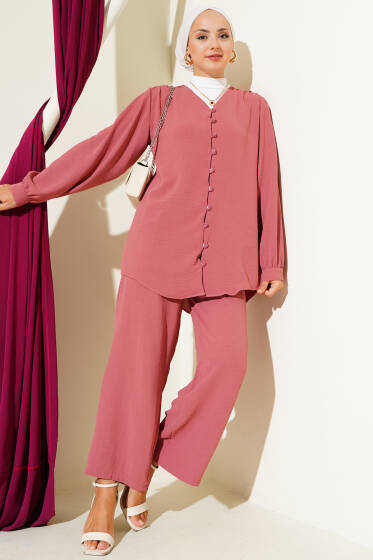 V Yaka Brit Düğmeli Ayrobin İkili Takım Gül Kurusu - İkili Takım