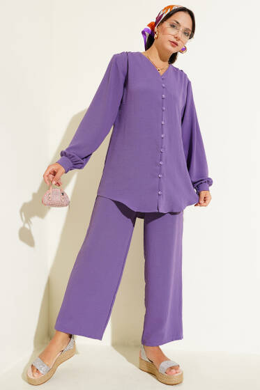 V Yaka Brit Düğmeli Ayrobin İkili Takım Mor - İkili Takım