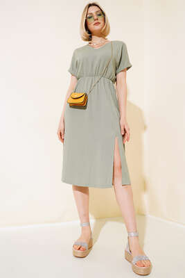 V Yaka Bürümcüklü Elbise Çağla Yeşili 