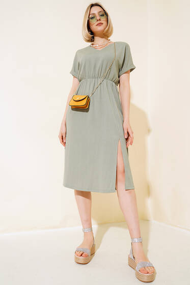 V Yaka Bürümcüklü Elbise Çağla Yeşili - Yeni Giyim