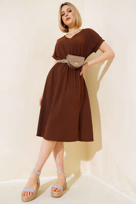 V Yaka Bürümcüklü Elbise Kahve 