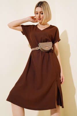 V Yaka Bürümcüklü Elbise Kahve - Kadın Giyim Modelleri