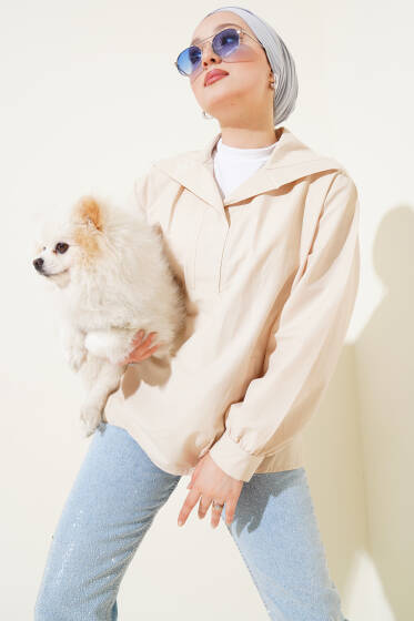 V Yaka Cepli Tunik Bej - Tunik