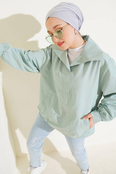 V Yaka Cepli Tunik Çağla Yeşili - Tunik