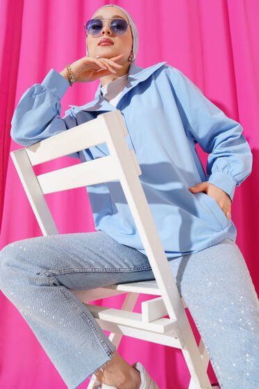 V Yaka Cepli Tunik Mavi - Tunik