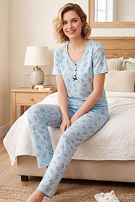 V Yaka Çiçekli Kısa Kol Pijama Takım Bebe Mavi - MANOLYA