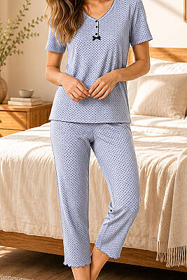V Yaka Çiçekli Kısa Kol Pijama Takım Buz Mavisi - Pijama
