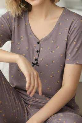 V Yaka Çiçekli Kısa Kol Pijama Takım Gül Kurusu - Pijama