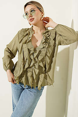 V Yaka Çizgili Fırfırlı Bluz Haki 