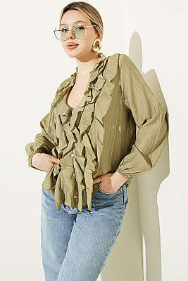 V Yaka Çizgili Fırfırlı Bluz Haki - Kadın Giyim Modelleri