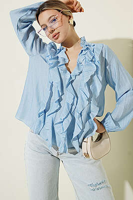 V Yaka Çizgili Fırfırlı Bluz Mavi - LUSTRİN