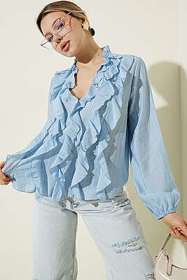 V Yaka Çizgili Fırfırlı Bluz Mavi - Kadın Giyim Modelleri