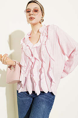 V Yaka Çizgili Fırfırlı Bluz Pembe - LUSTRİN
