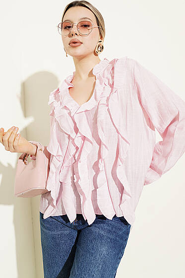 V Yaka Çizgili Fırfırlı Bluz Pembe - Kadın Giyim Modelleri