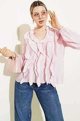 V Yaka Çizgili Fırfırlı Bluz Pembe - Kadın Giyim Modelleri