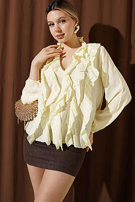 V Yaka Çizgili Fırfırlı Bluz Sarı - LUSTRİN