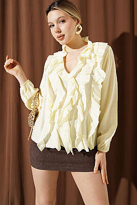 V Yaka Çizgili Fırfırlı Bluz Sarı - Kadın Giyim Modelleri