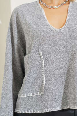 V Yaka Çoban Dikiş Bluz Gri - Kadın Giyim Modelleri