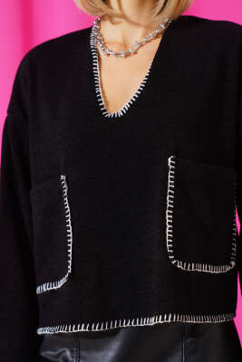 V Yaka Çoban Dikiş Bluz Siyah - Kadın Giyim Modelleri