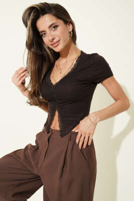 V Yaka Dantelli Crop Kahve - Kadın Giyim Modelleri