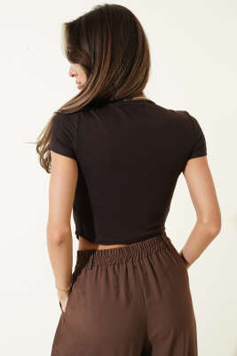 V Yaka Dantelli Crop Kahve - Kadın Giyim Modelleri