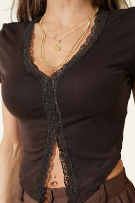 V Yaka Dantelli Crop Kahve - Kadın Giyim Modelleri