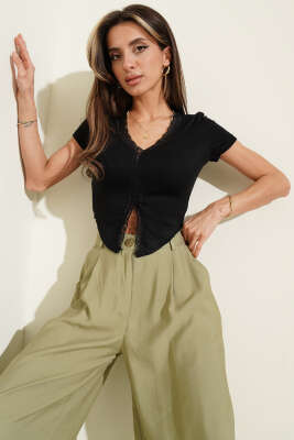 V Yaka Dantelli Crop Siyah 