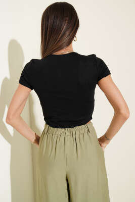 V Yaka Dantelli Crop Siyah - Yılın Fırsatı