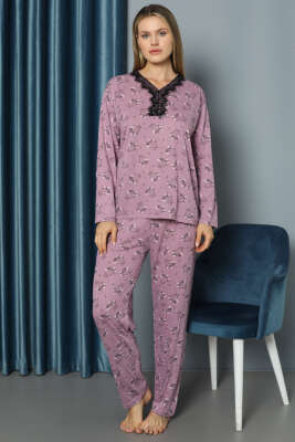 V Yaka Desenli Dantelli Pijama Takımı Magenta - Pijama