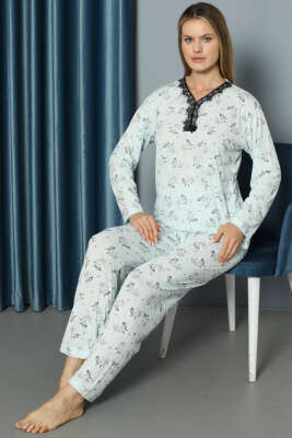 V Yaka Desenli Dantelli Pijama Takımı Mint - Pijama & Gecelik