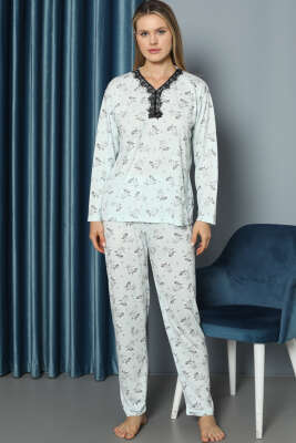 V Yaka Desenli Dantelli Pijama Takımı Mint 