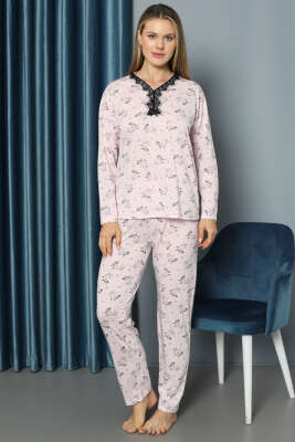 V Yaka Desenli Dantelli Pijama Takımı Pembe - Kadın Pijama Takımı