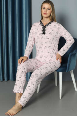 V Yaka Desenli Dantelli Pijama Takımı Pembe - IŞILAY