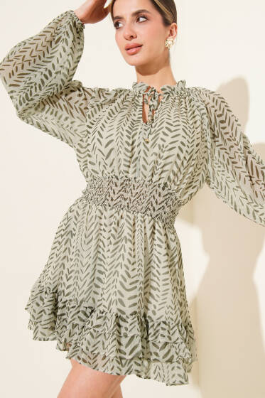 V Yaka Desenli Fırfırlı Şifon Mini Elbise Haki - Kadın Giyim Modelleri