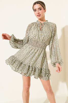 V Yaka Desenli Fırfırlı Şifon Mini Elbise Haki - Kadın Giyim Modelleri