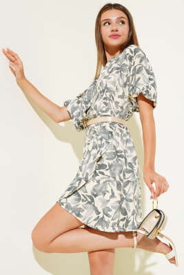 V Yaka Desenli Mini Elbise Füme - LUSTRİN